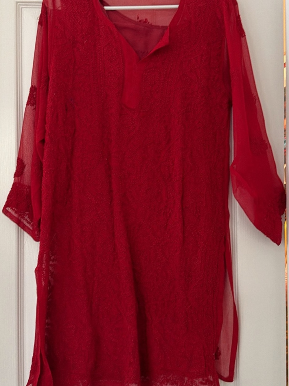 Red Lace Sheer Sleeve Tunic Top - Women's